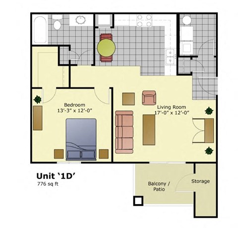 Floor plan for 1 bed, 1 bath, 776 sqft